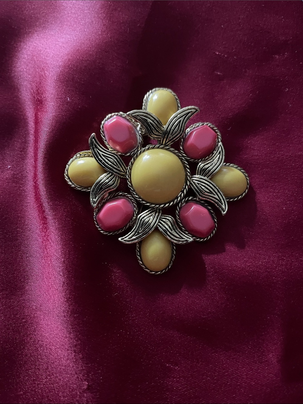 Vintage Pink and Yellow Floral Cabochon Brooch